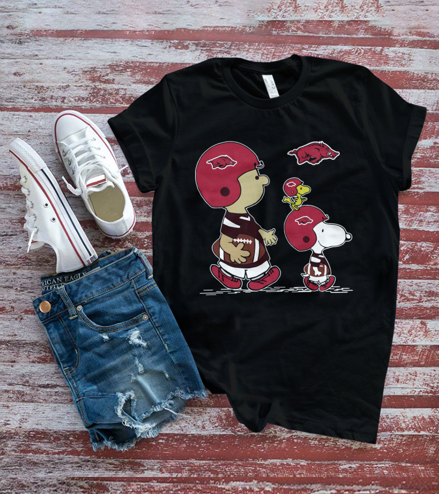 Arkansas Razorbacks Football Snoopy And Woodstock With Helmets And Hog T-Shirt