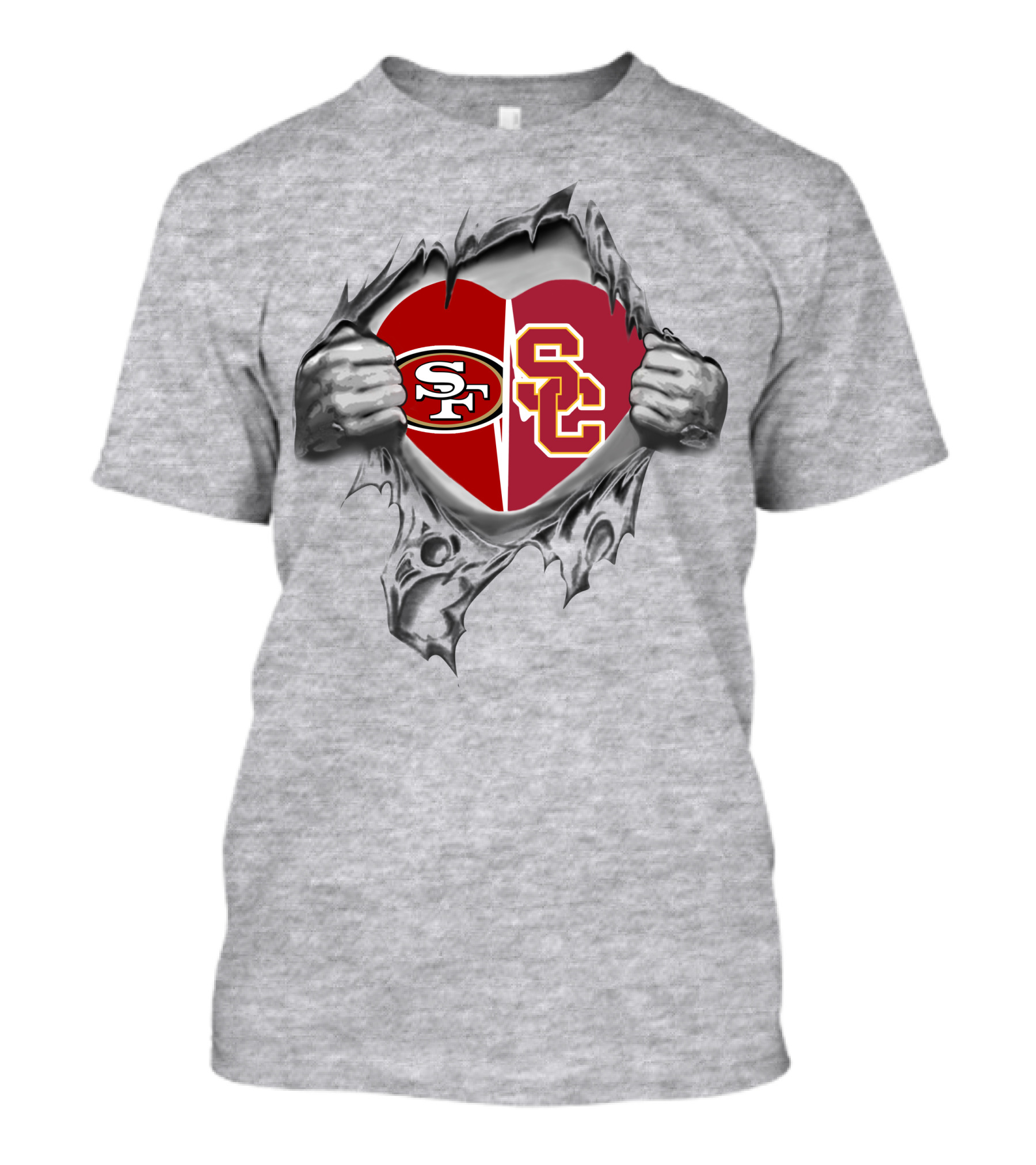 SF 49Ers USC Trojans Heart Logo Inside Ripped Chest T-Shirt