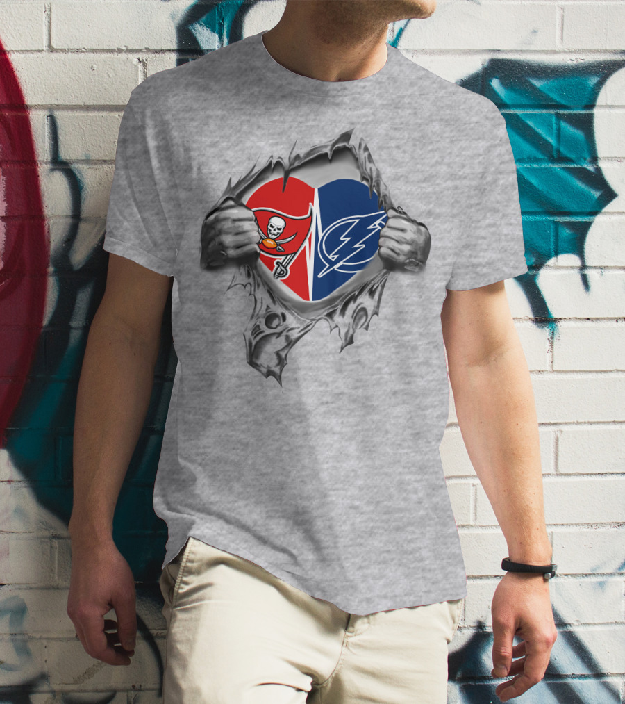 Buccaneers Lightning Heart Split Loyalty Football Hockey Logo Fan Spirit T-Shirt
