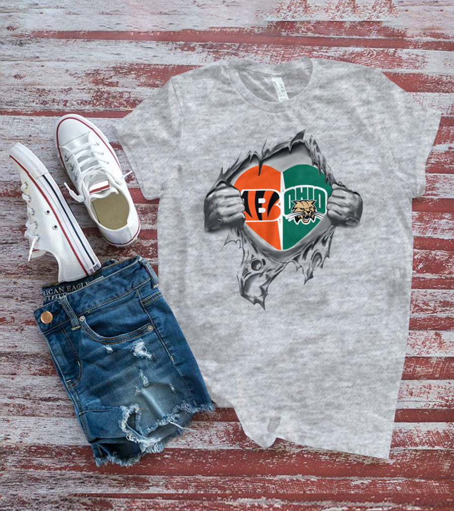 Cincinnati Bengals Ohio Bobcats Heart Logo Football T-Shirt