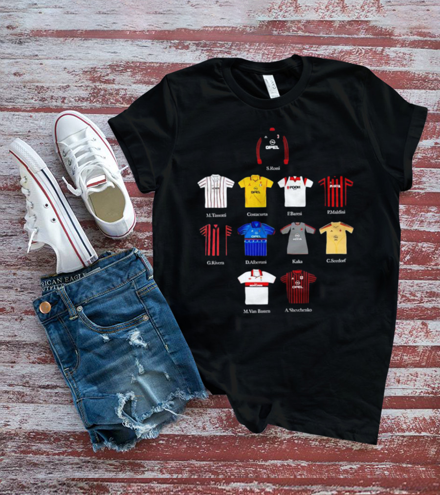 A.C. Milan FC Opel Uniform S. Rossi M. Tassotti A. Costacurta F. Baresi P. Maldini G. Rivera D. Albertini Kaka C. Seedorf M. Van Basten A. Shevchenko T-Shirt