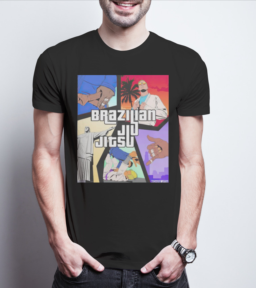 Brazilian Jiu Jitsu Because Jitsu Palms And Rio Comic Style Collage T-Shirt
