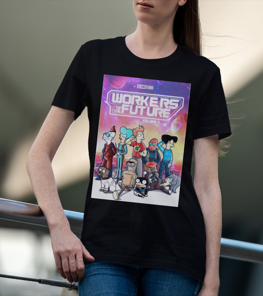 SLURM STUDIOS Workers Of The Future Volume 3 Futurama Characters Retro Futuristic T-Shirt