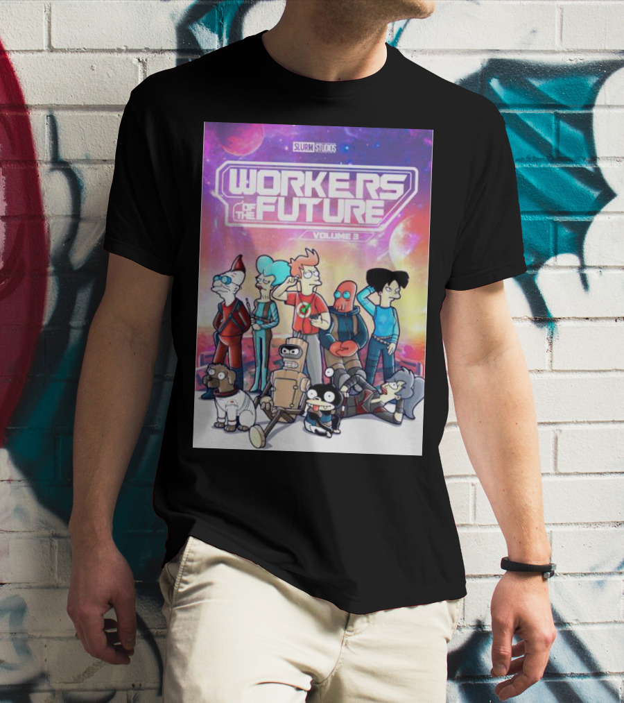 SLURM STUDIOS Workers Of The Future Volume 3 Futurama Characters Retro Futuristic T-Shirt