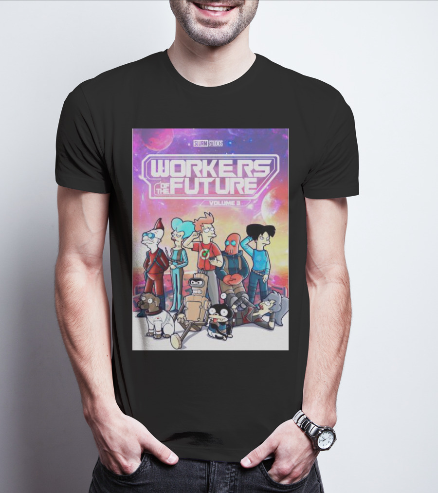 SLURM STUDIOS Workers Of The Future Volume 3 Futurama Characters Retro Futuristic T-Shirt