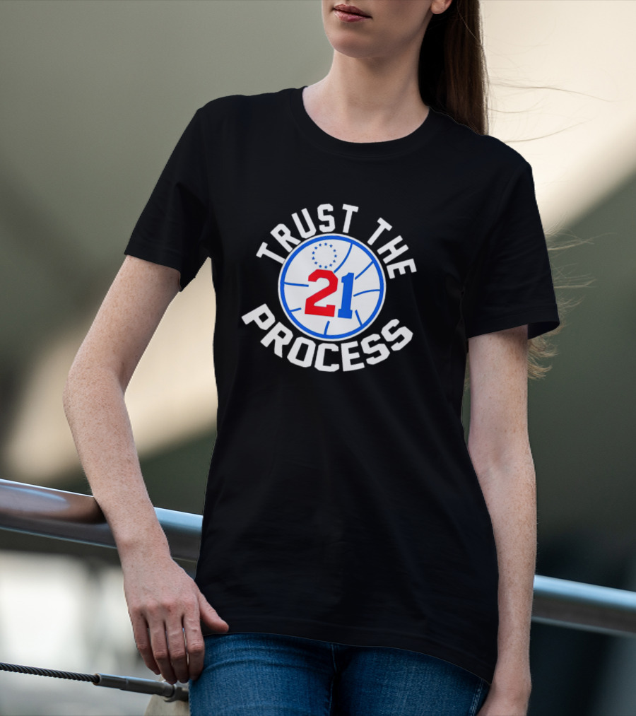 Philadelphia 76ers Joel Embiid 21 Trust The Process Basketball Emblem T-Shirt