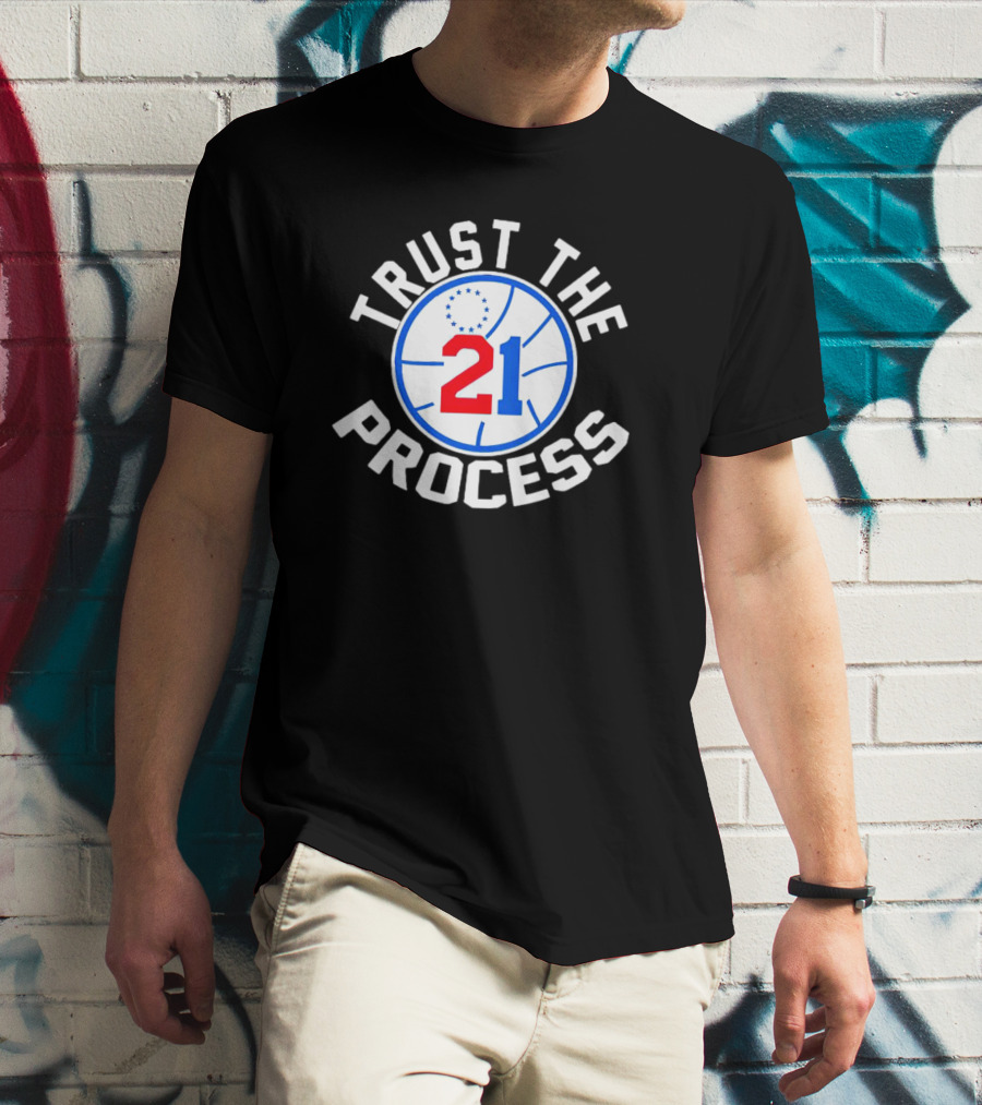 Philadelphia 76ers Joel Embiid 21 Trust The Process Basketball Emblem T-Shirt