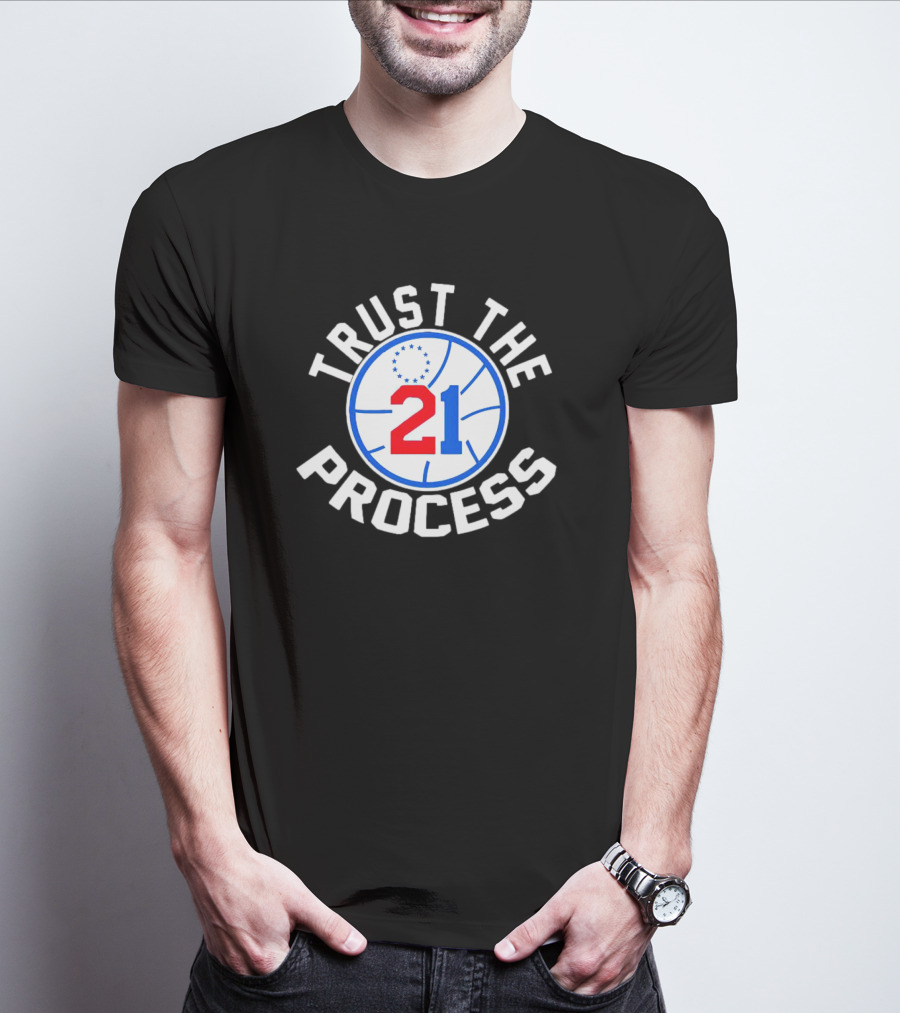 Philadelphia 76ers Joel Embiid 21 Trust The Process Basketball Emblem T-Shirt
