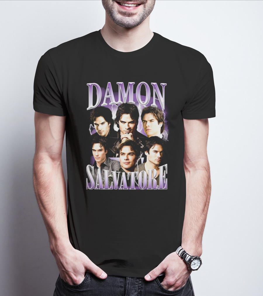 Damon Salvatore Purple Lightning Faces Collage T-Shirt
