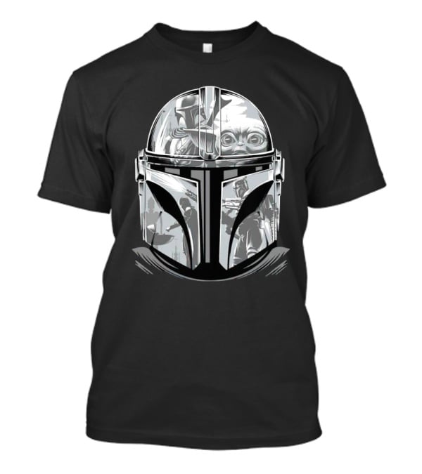 Mandalorian Helmet Artwork With Grogu And Bounty Hunter Scenes T-Shirt