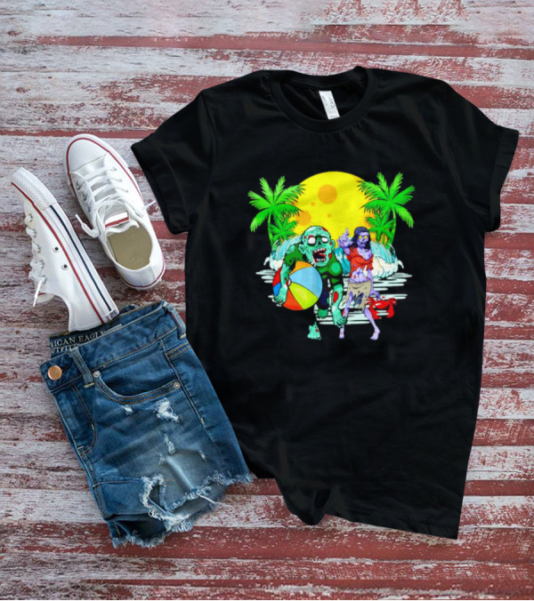 Zombie Beach Party Under Palm Trees With Beach Ball And Surf Waves T-Shirt