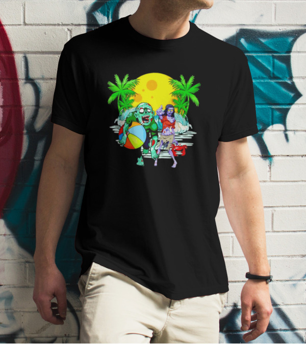 Zombie Beach Party Under Palm Trees With Beach Ball And Surf Waves T-Shirt