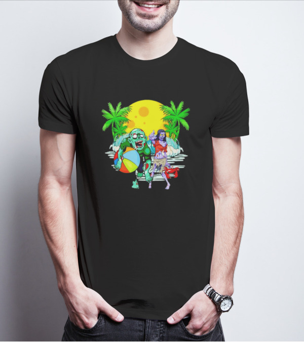Zombie Beach Party Under Palm Trees With Beach Ball And Surf Waves T-Shirt