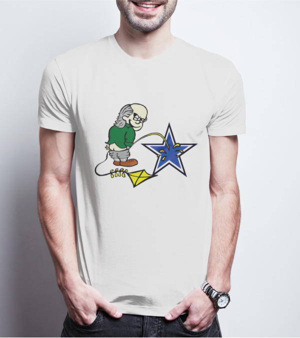 Ben Franklin With Kite Whizzing On Blue Cowboy Star T-Shirt