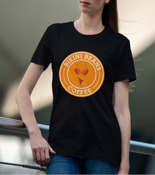 Bikini Beans Coffee Circular Logo With Sunglasses And Orange Background T-Shirt
