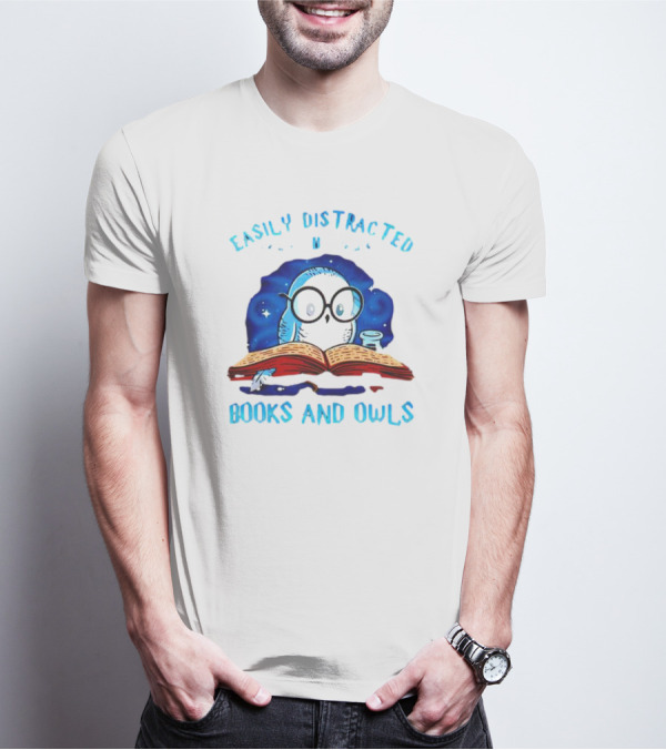 Easily Distracted By Books And Owls With Blue Starry Background And Cute Glasses-Wearing Owl Reading T-Shirt