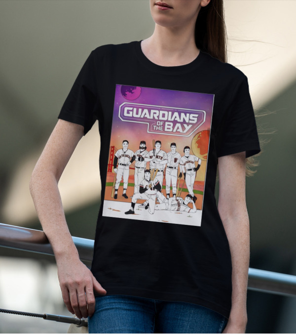 Guardians Of The Bay San Francisco Giants Baseball Players With Golden Gate Bridge And Sunset Background T-Shirt