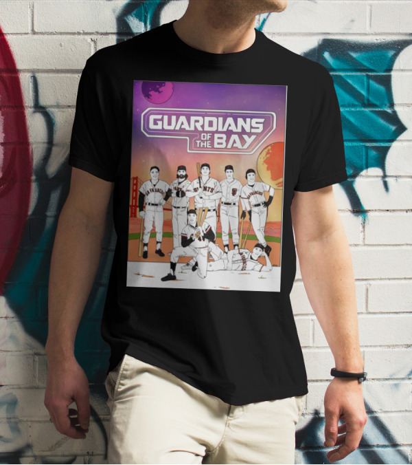 Guardians Of The Bay San Francisco Giants Baseball Players With Golden Gate Bridge And Sunset Background T-Shirt