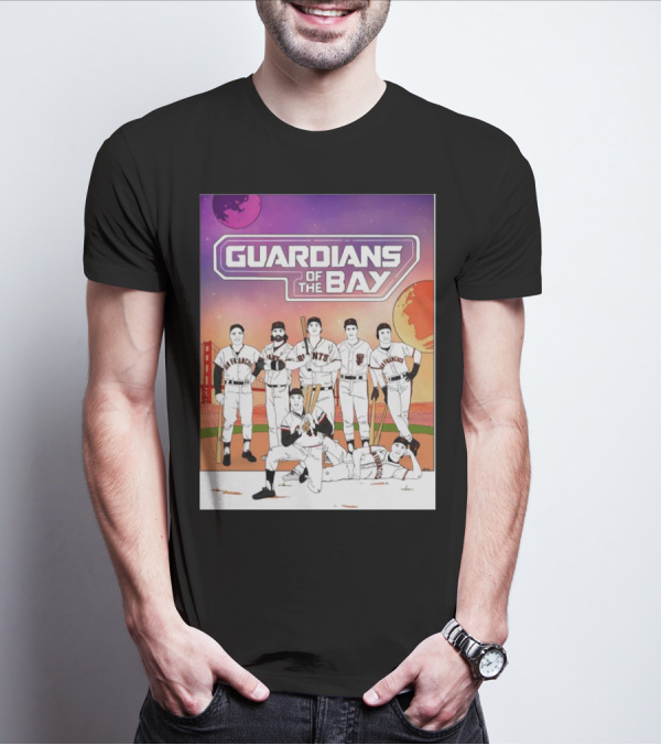 Guardians Of The Bay San Francisco Giants Baseball Players With Golden Gate Bridge And Sunset Background T-Shirt
