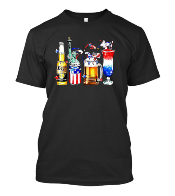 Happy 4th Of July Beer Liberty Statue Fireworks American Flag Drinks T-Shirt