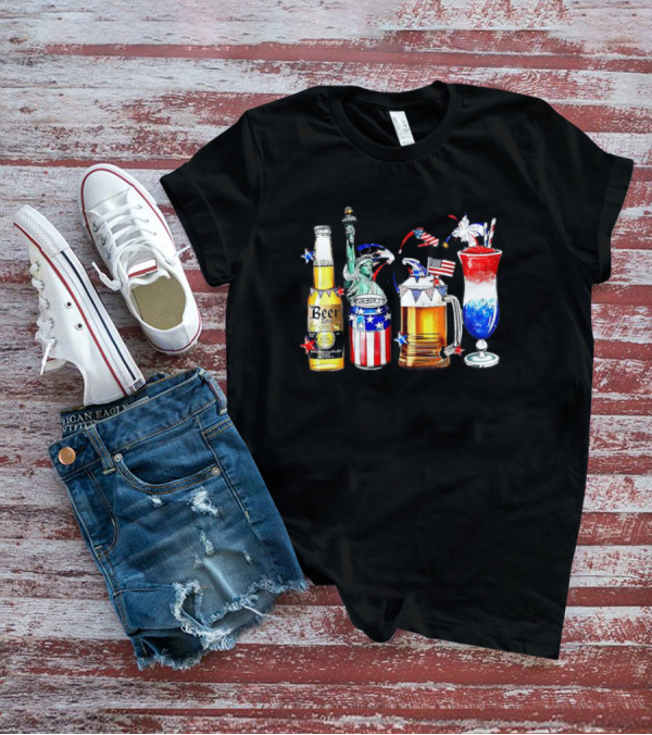 Happy 4th Of July Beer Liberty Statue Fireworks American Flag Drinks T-Shirt