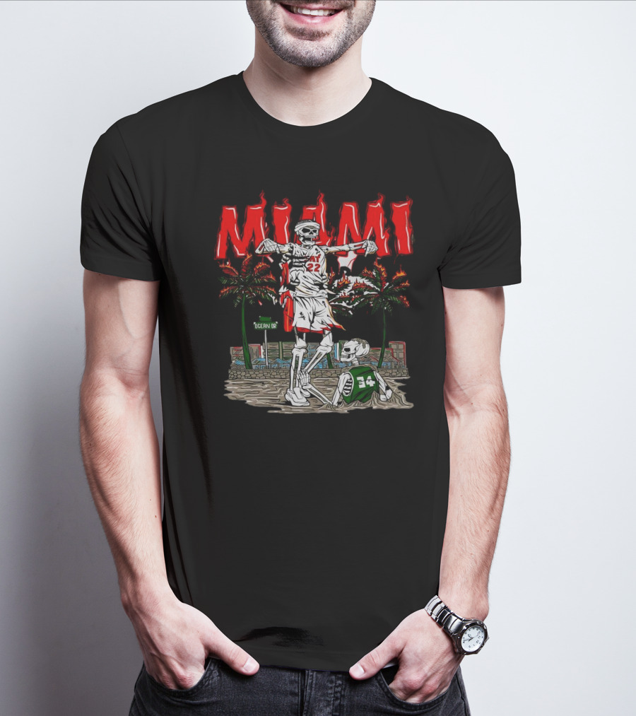 Miami Heat Skeleton Celebrating Over Boston Celtics On Ocean Drive T-Shirt