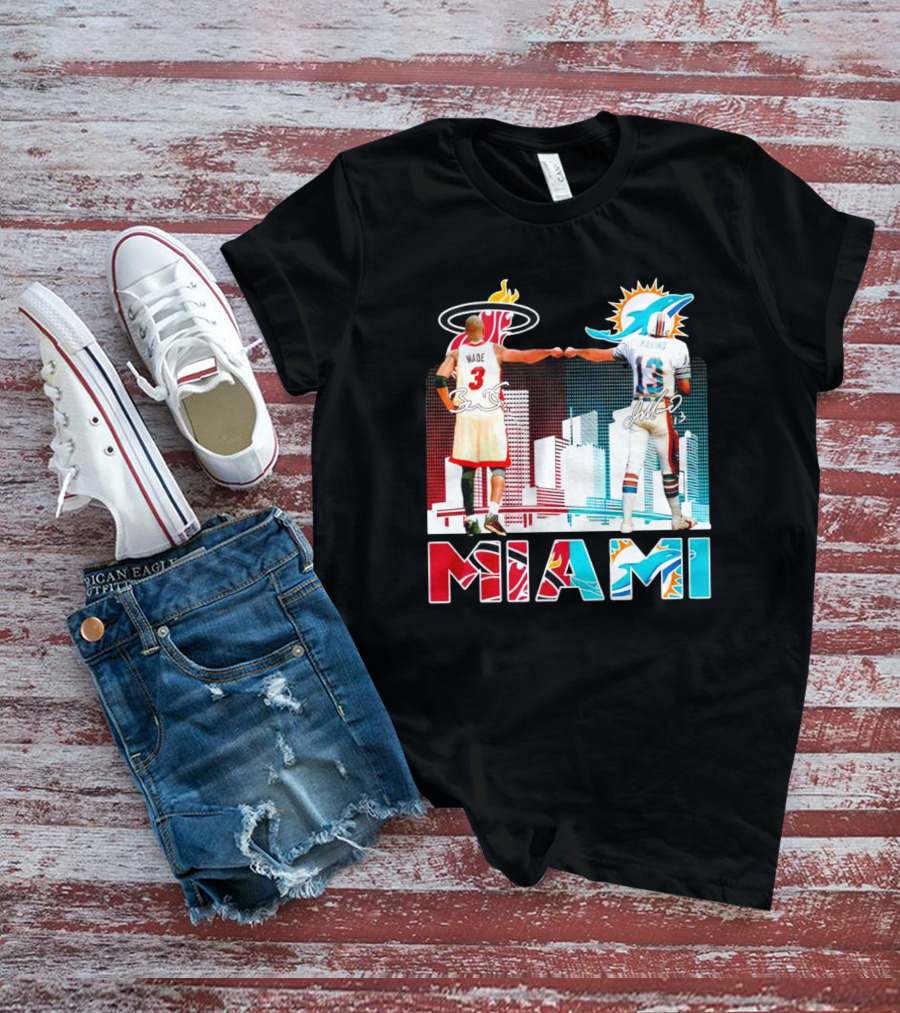 Miami Heat Dwyane Wade And Miami Dolphins Dan Marino Iconic Fist Bump Signatures T-Shirt