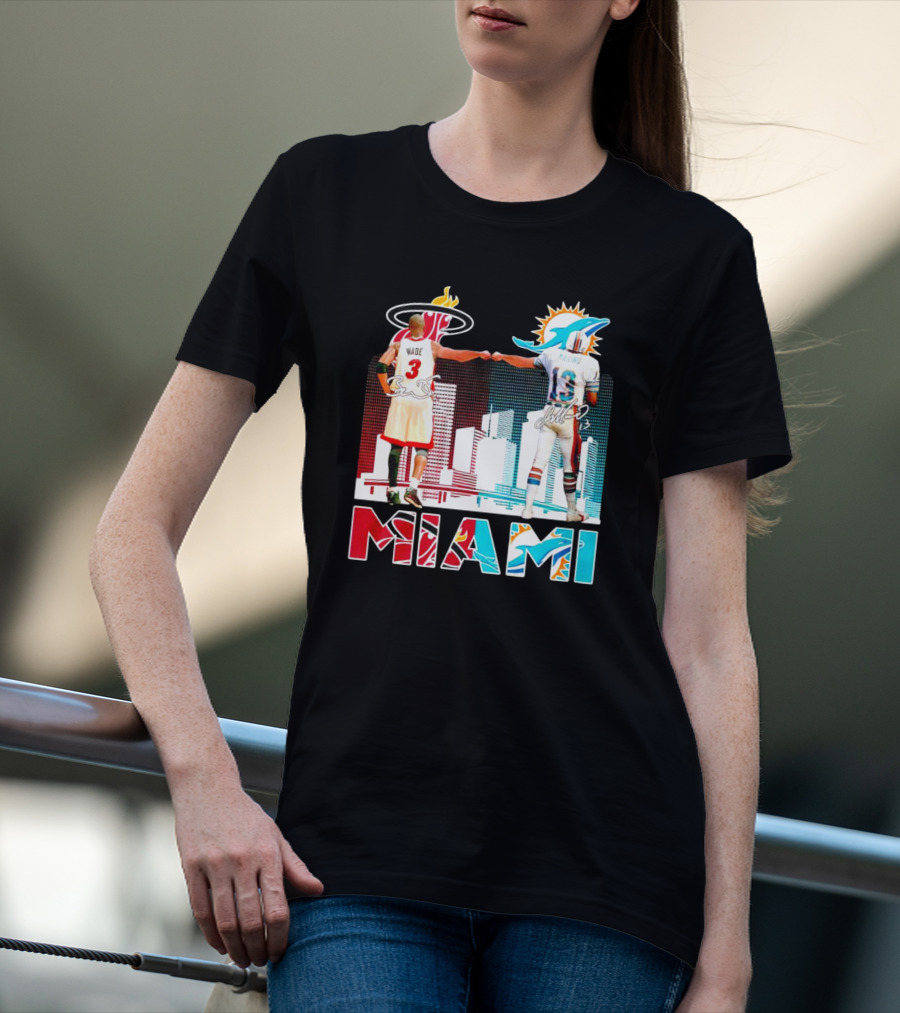Miami Heat Dwyane Wade And Miami Dolphins Dan Marino Iconic Fist Bump Signatures T-Shirt