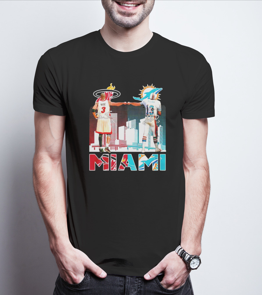 Miami Heat Dwyane Wade And Miami Dolphins Dan Marino Iconic Fist Bump Signatures T-Shirt