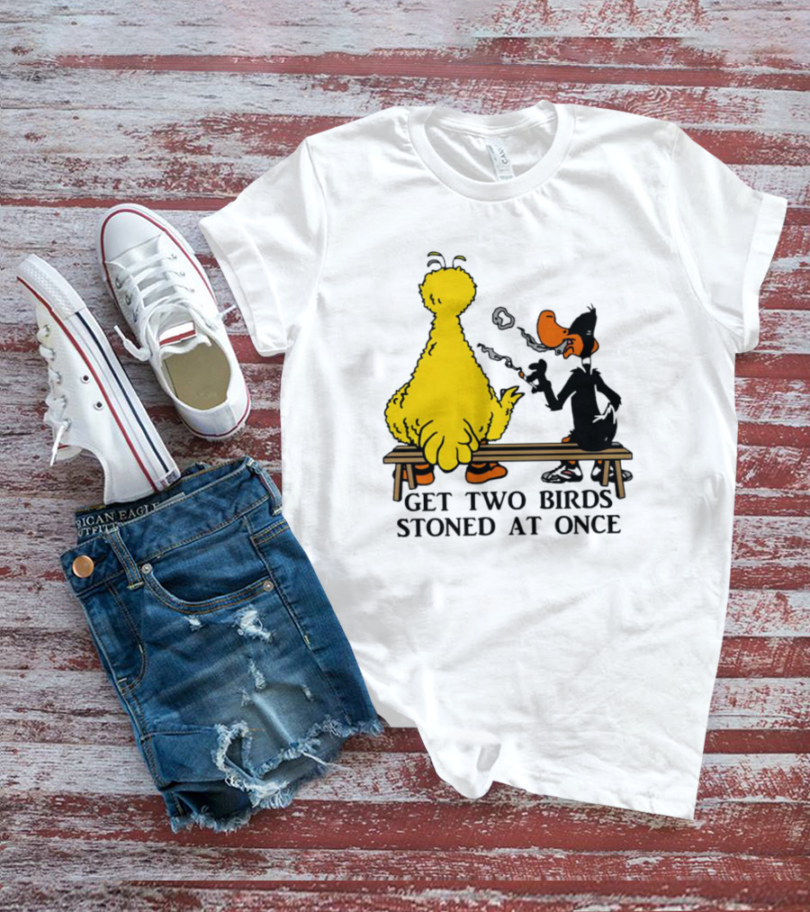 Get Two Birds Stoned At Once Smoking Yellow Black Cartoon Birds Bench T-Shirt