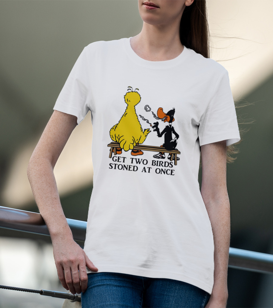 Get Two Birds Stoned At Once Smoking Yellow Black Cartoon Birds Bench T-Shirt