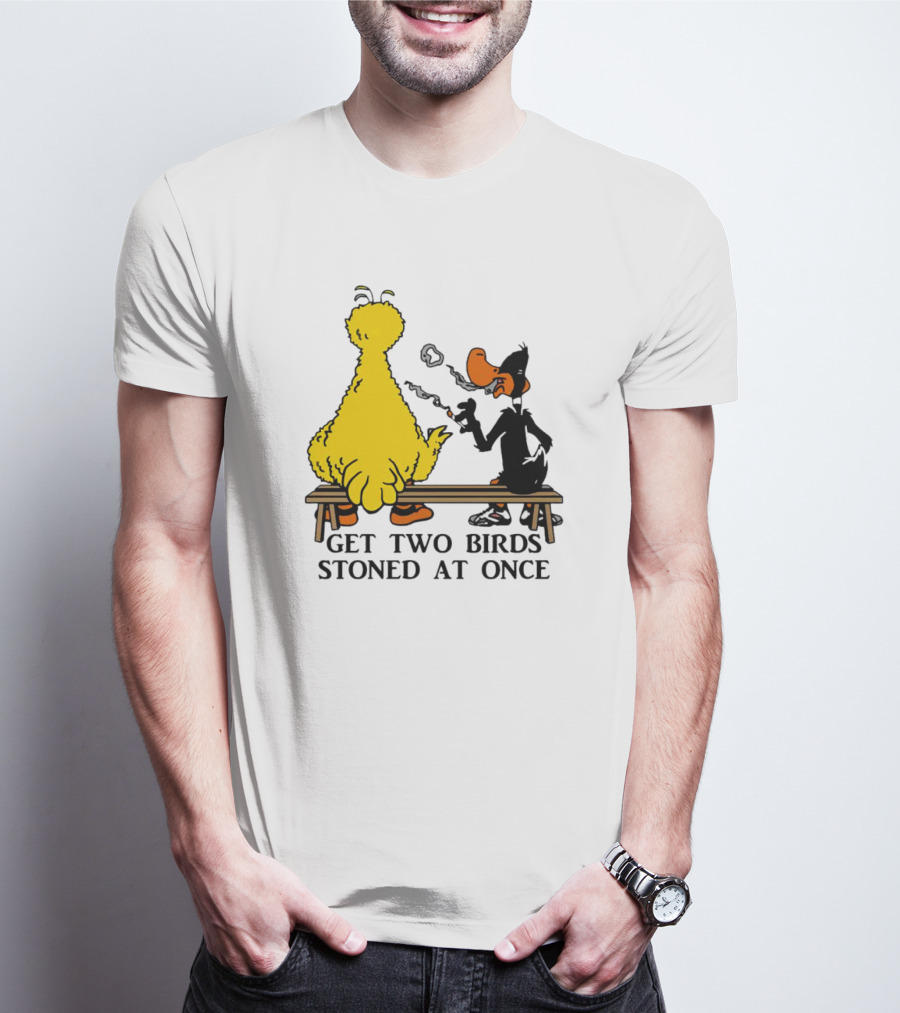 Get Two Birds Stoned At Once Smoking Yellow Black Cartoon Birds Bench T-Shirt