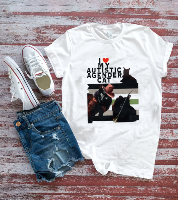 I Love My Autistic Agender Cat With Black Cats On Agender Pride Stripes T-Shirt