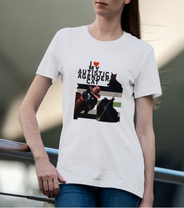 I Love My Autistic Agender Cat With Black Cats On Agender Pride Stripes T-Shirt
