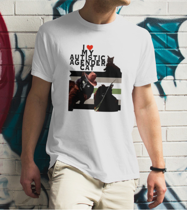 I Love My Autistic Agender Cat With Black Cats On Agender Pride Stripes T-Shirt