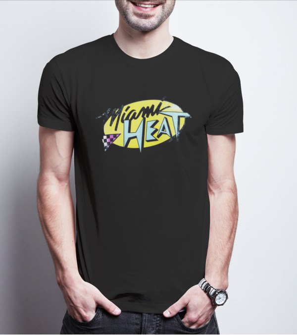 Miami Heat Retro 90s Style Logo With Neon Colors And Checkered Triangle T-Shirt