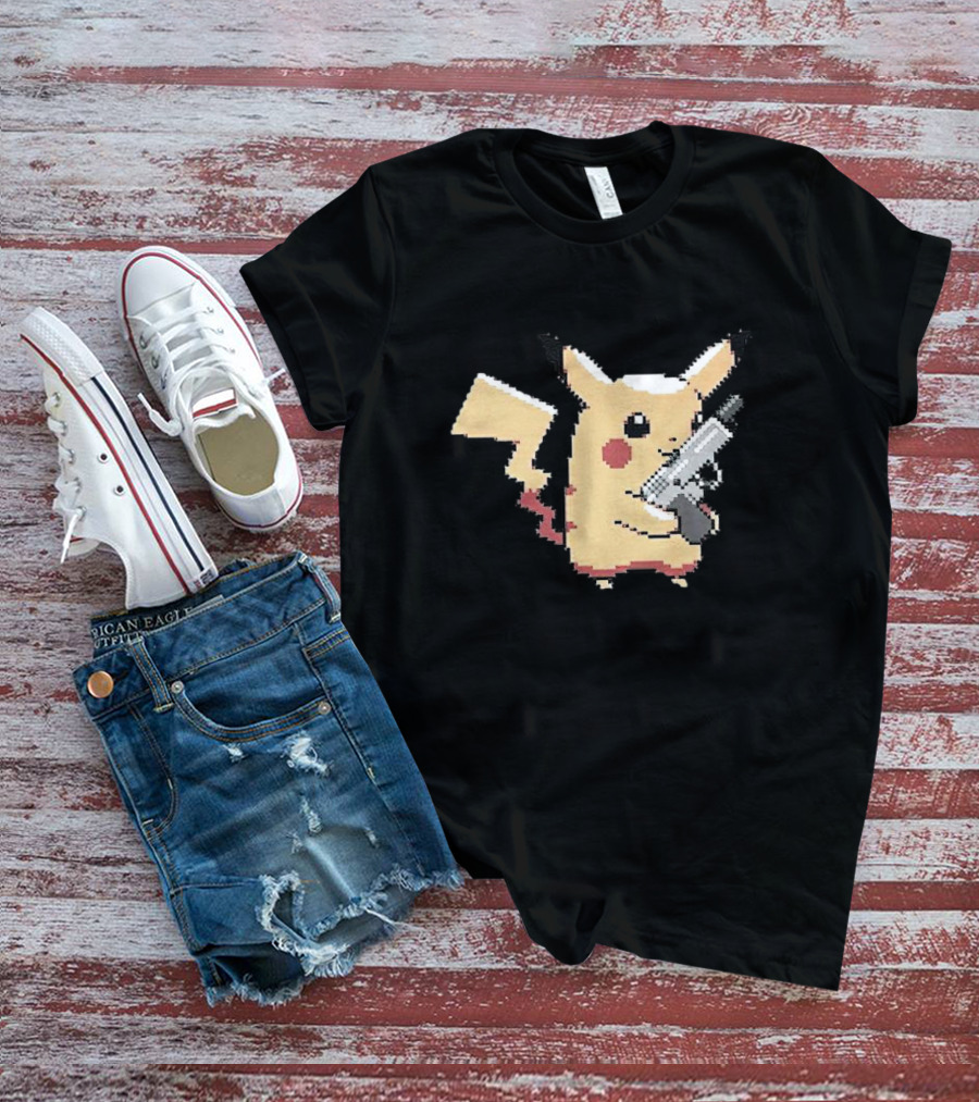 Pikachu Holding Gun Pixel T-Shirt