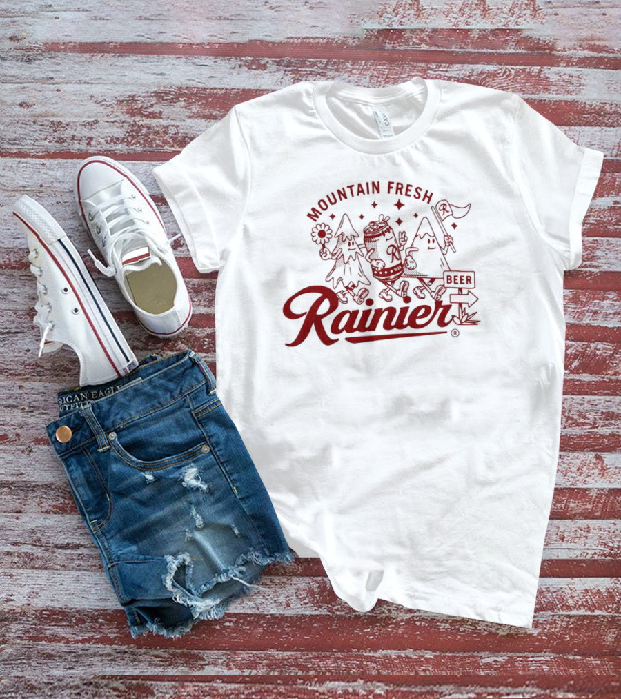 Rainier Mountain Fresh Beer Characters With Flower And Flag T-Shirt