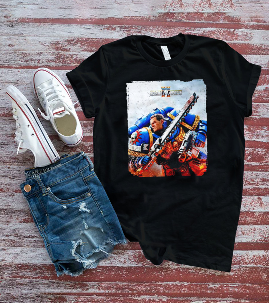 Warhammer 40000 Space Marine 2 Titus Game Art Ultramarine Warrior Battle Scene T-Shirt