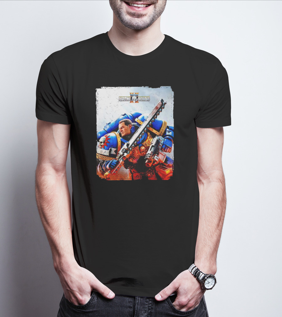 Warhammer 40000 Space Marine 2 Titus Game Art Ultramarine Warrior Battle Scene T-Shirt