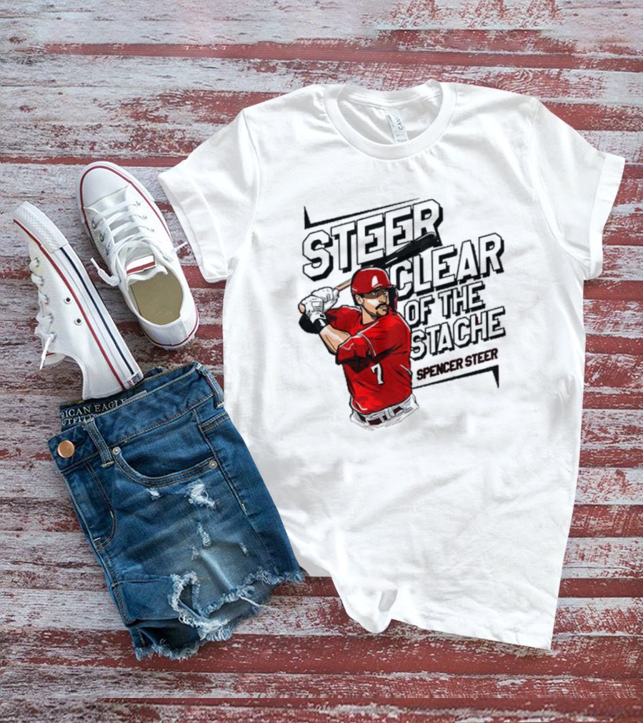 Spencer Steer Clear Of The Stache Baseball Player Illustration With Red Jersey And Bat T-Shirt