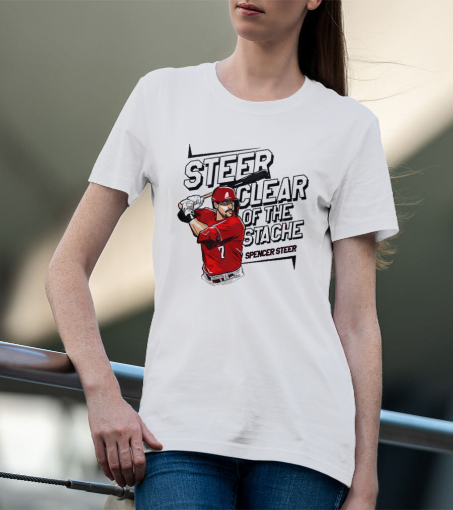 Spencer Steer Clear Of The Stache Baseball Player Illustration With Red Jersey And Bat T-Shirt