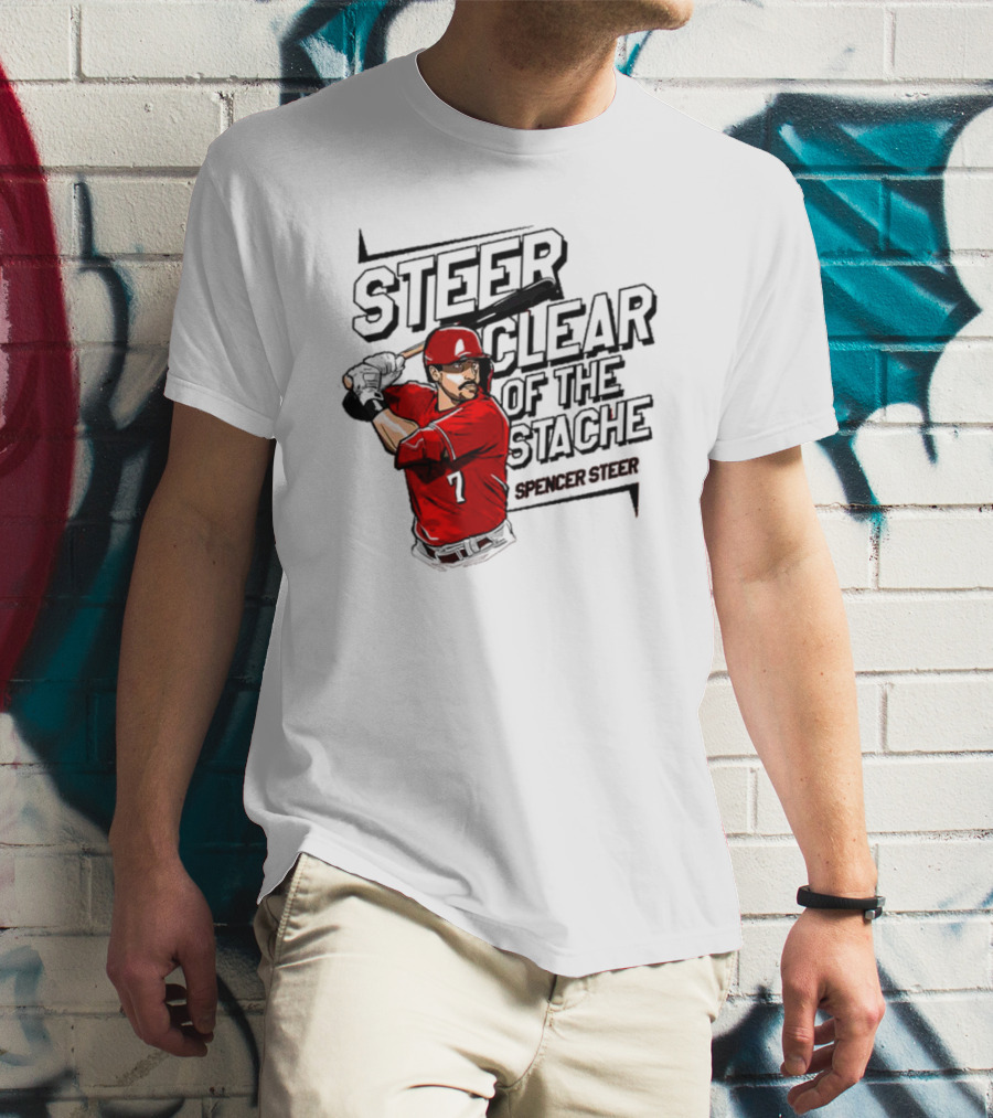 Spencer Steer Clear Of The Stache Baseball Player Illustration With Red Jersey And Bat T-Shirt