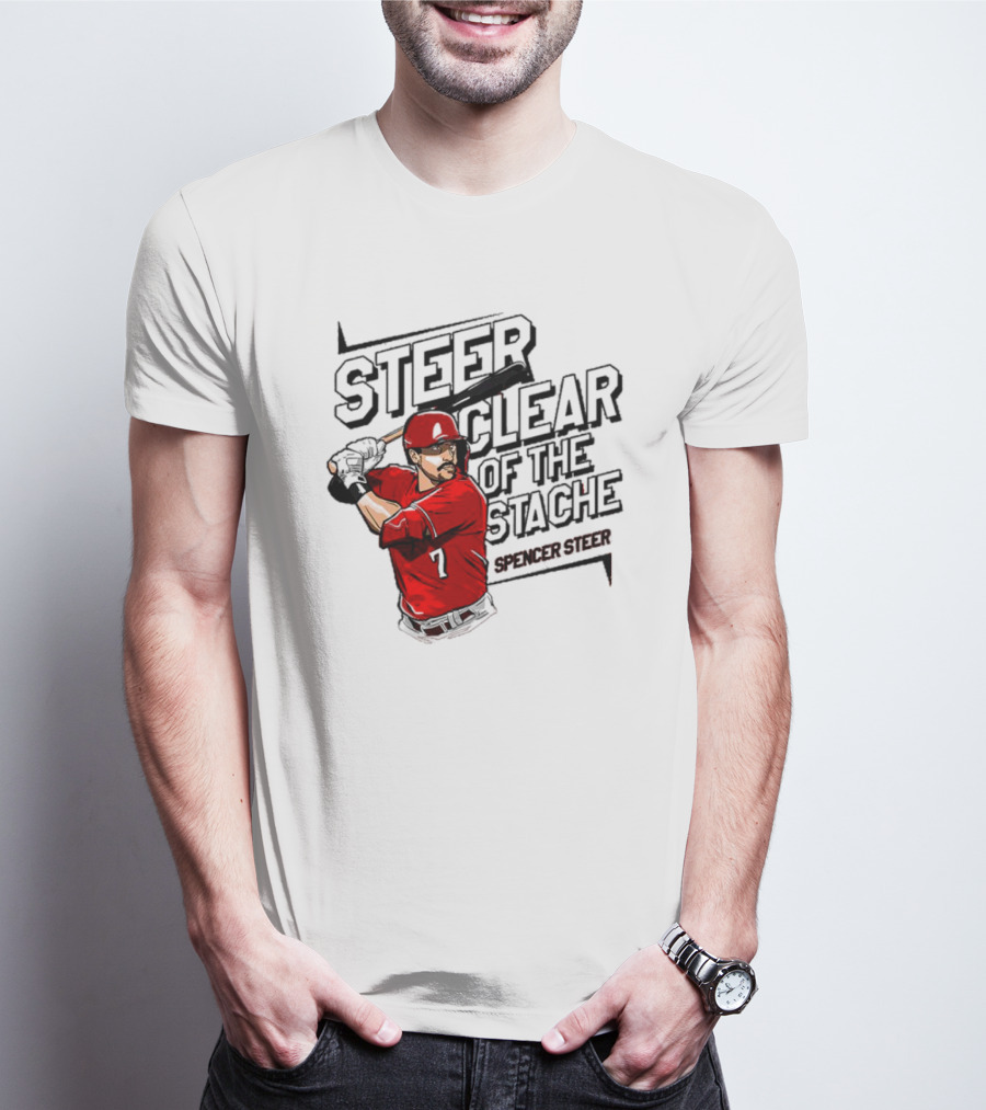 Spencer Steer Clear Of The Stache Baseball Player Illustration With Red Jersey And Bat T-Shirt