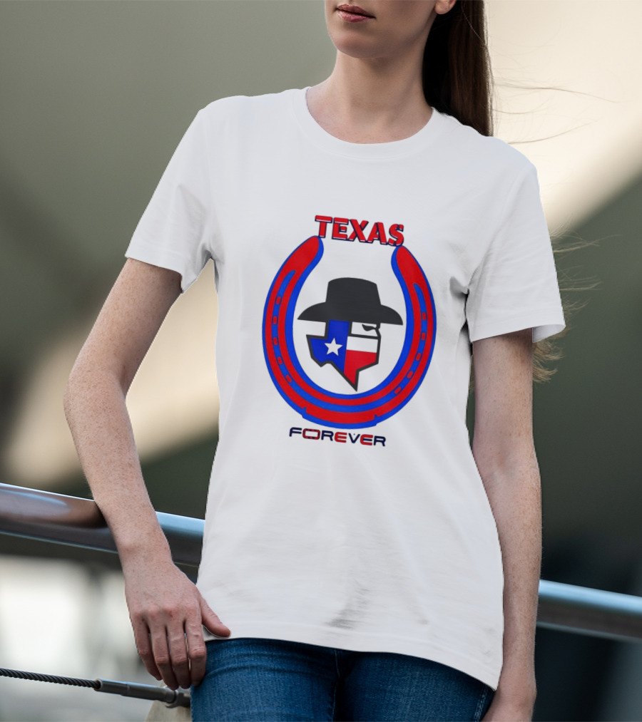 Texas Forever Lone Star Horseshoe Red Blue Cowboy Hat T-Shirt
