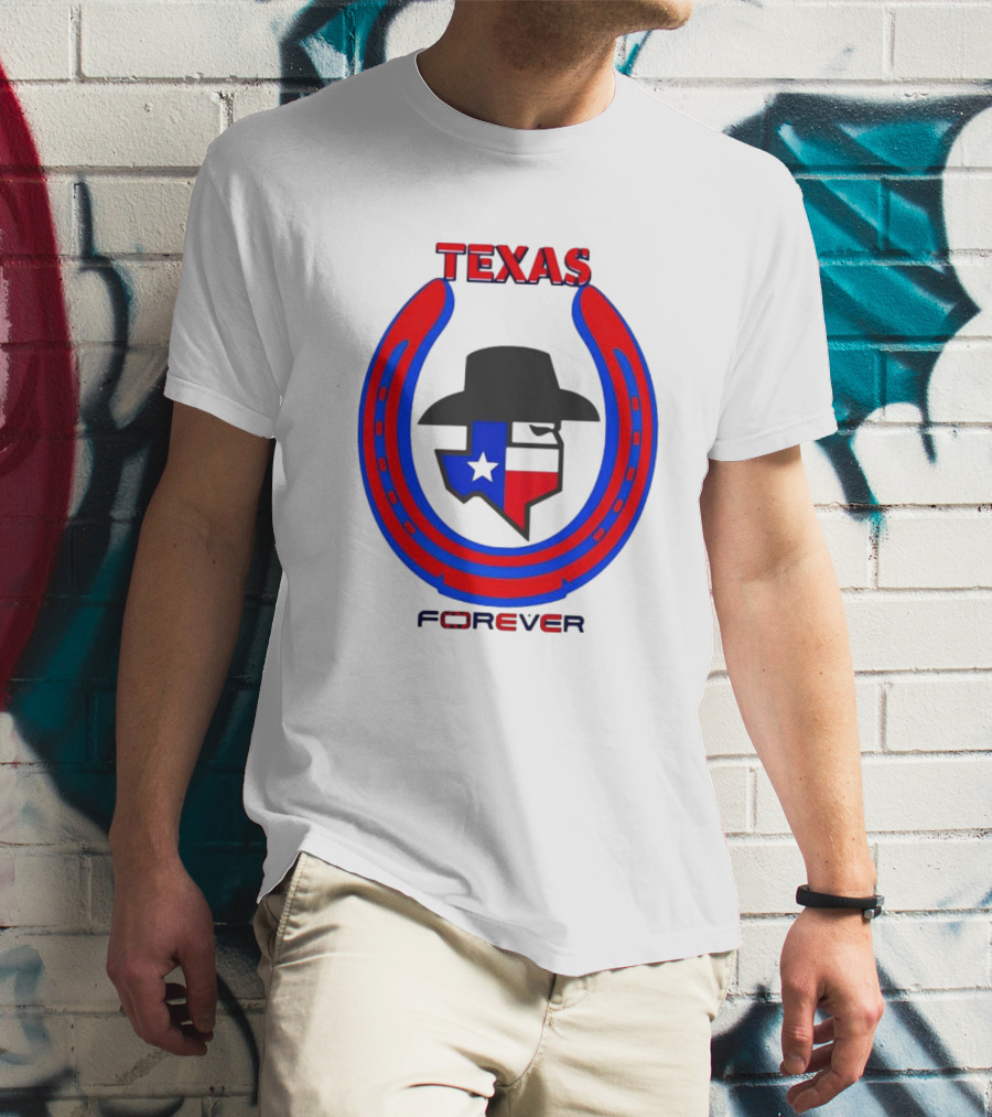 Texas Forever Lone Star Horseshoe Red Blue Cowboy Hat T-Shirt