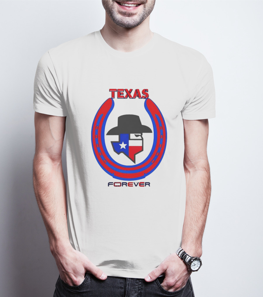Texas Forever Lone Star Horseshoe Red Blue Cowboy Hat T-Shirt