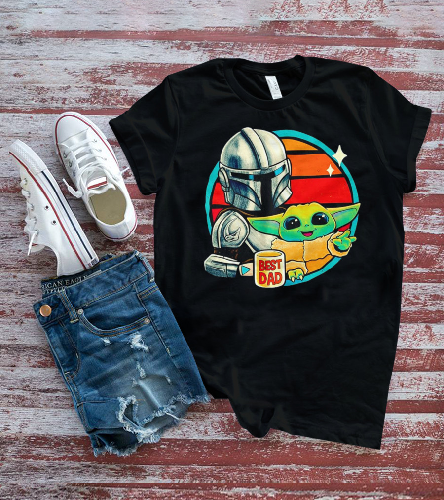 Best Dad Din Djarin With Grogu Vintage Retro Sunset T-Shirt