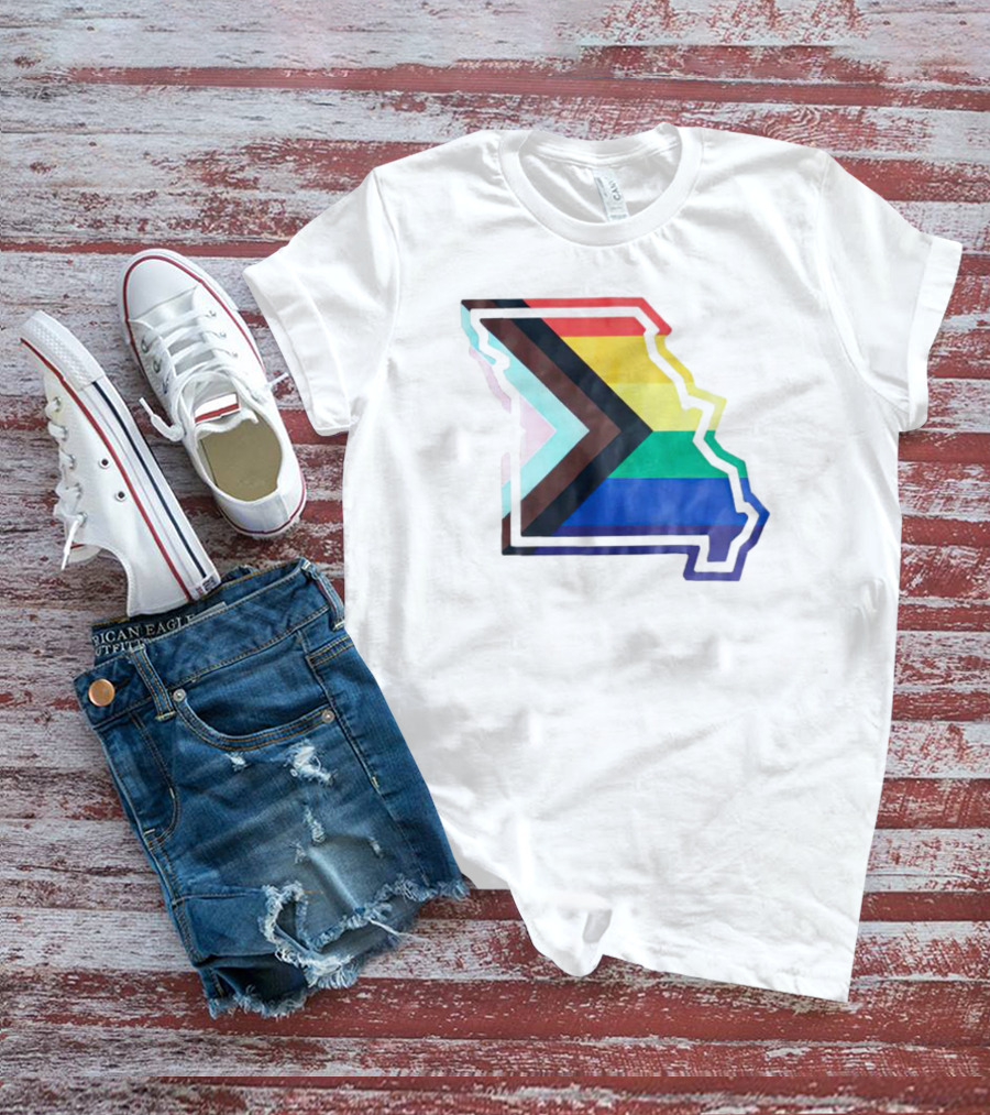 Missouri State Outline With Progress Pride Flag Colors T-Shirt