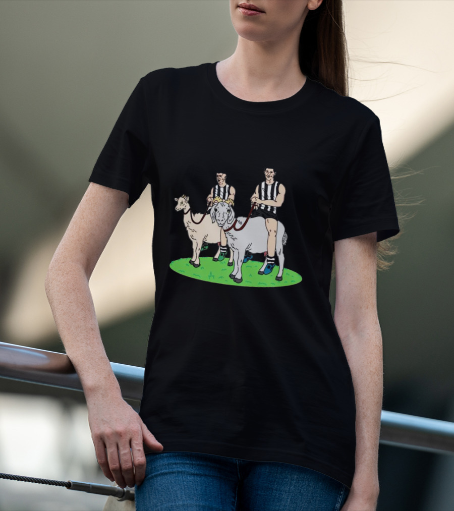 The Goat And The Kid Black And White Striped Jersey Duo On Green Field T-Shirt